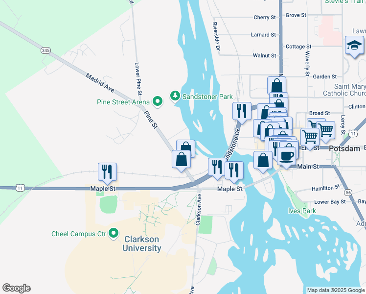 map of restaurants, bars, coffee shops, grocery stores, and more near 23 Pine Street in Potsdam