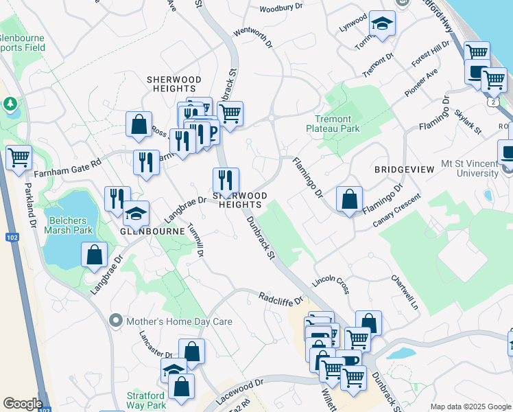 map of restaurants, bars, coffee shops, grocery stores, and more near 15 Knightsridge Drive in Halifax