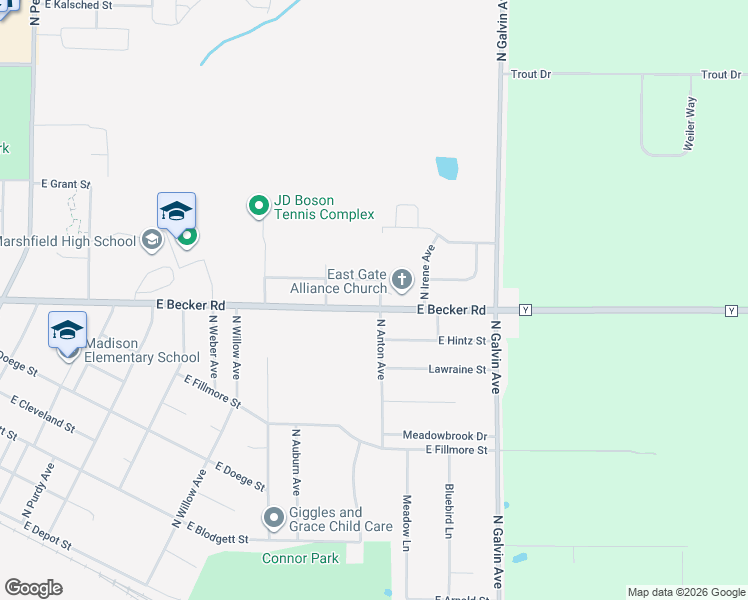 map of restaurants, bars, coffee shops, grocery stores, and more near 800 North Anton Avenue in Marshfield