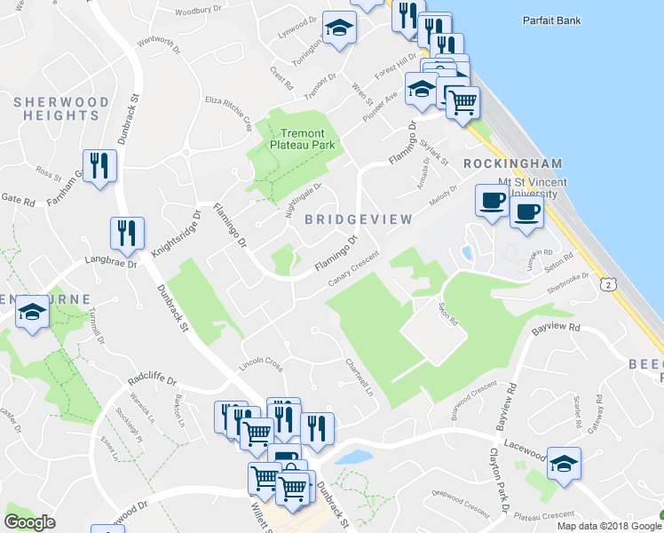 map of restaurants, bars, coffee shops, grocery stores, and more near 74 Flamingo Drive in Halifax