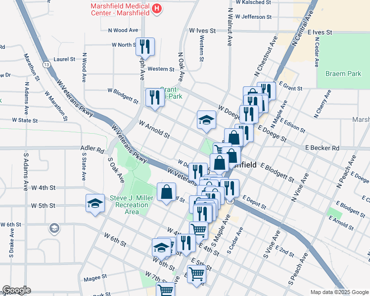 map of restaurants, bars, coffee shops, grocery stores, and more near 400 West Arnold Street in Marshfield