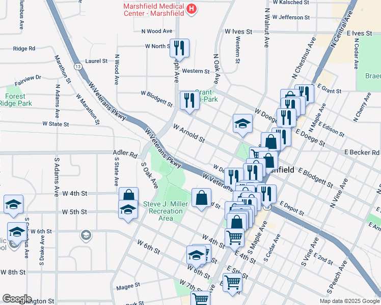 map of restaurants, bars, coffee shops, grocery stores, and more near 108 North Pine Avenue in Marshfield