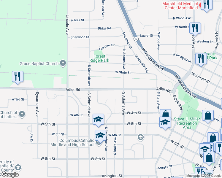 map of restaurants, bars, coffee shops, grocery stores, and more near 1209 County Road Y in Marshfield