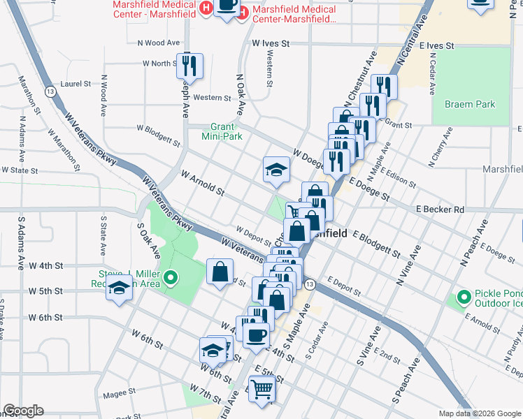 map of restaurants, bars, coffee shops, grocery stores, and more near 200 North Walnut Avenue in Marshfield