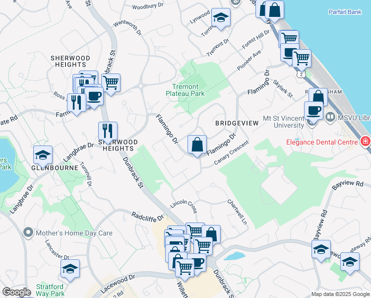 map of restaurants, bars, coffee shops, grocery stores, and more near 105 Flamingo Drive in Halifax