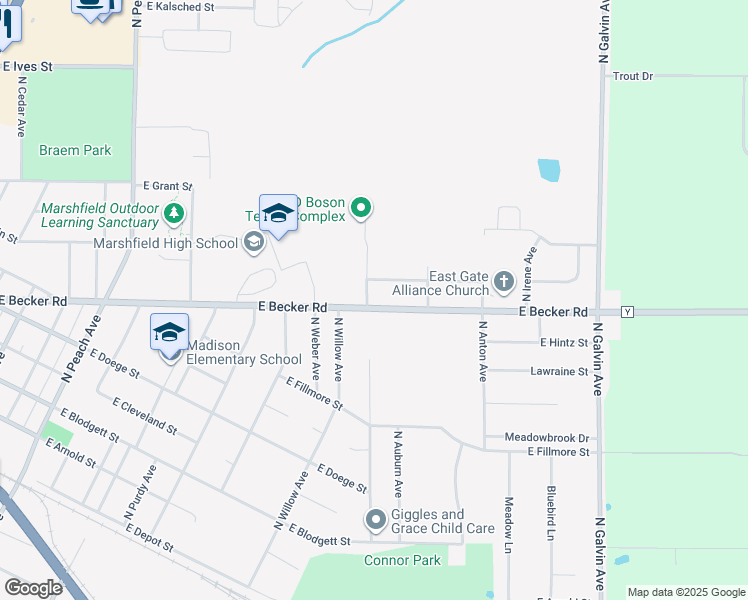 map of restaurants, bars, coffee shops, grocery stores, and more near 1803 East Becker Road in Marshfield