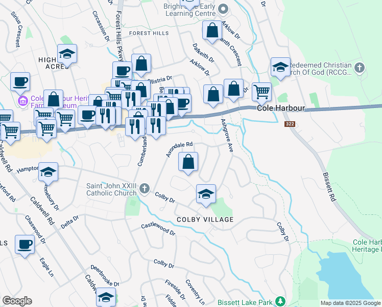 map of restaurants, bars, coffee shops, grocery stores, and more near 11 Agincourt Crescent in Dartmouth
