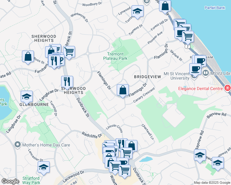 map of restaurants, bars, coffee shops, grocery stores, and more near 105 Flamingo Drive in Halifax