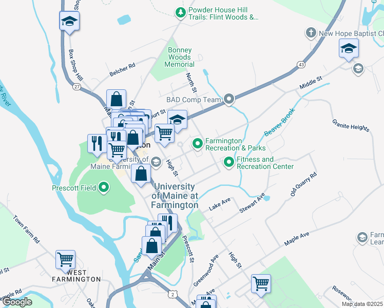 map of restaurants, bars, coffee shops, grocery stores, and more near 121 Middle Street in Farmington