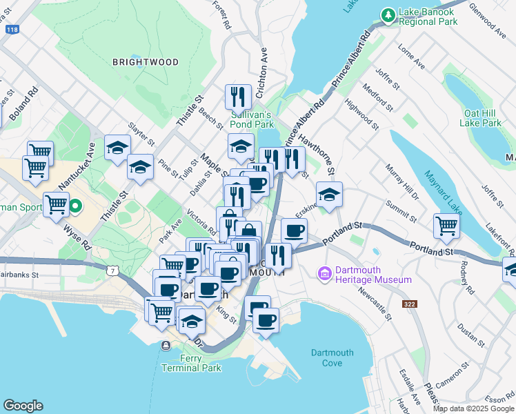 map of restaurants, bars, coffee shops, grocery stores, and more near 156 Ochterloney Street in Dartmouth