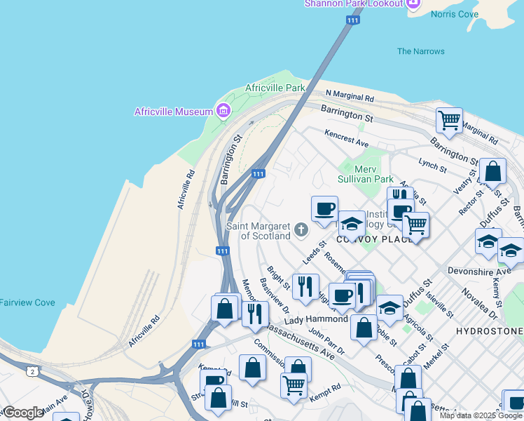 map of restaurants, bars, coffee shops, grocery stores, and more near 5958 Gainsborough Place in Halifax