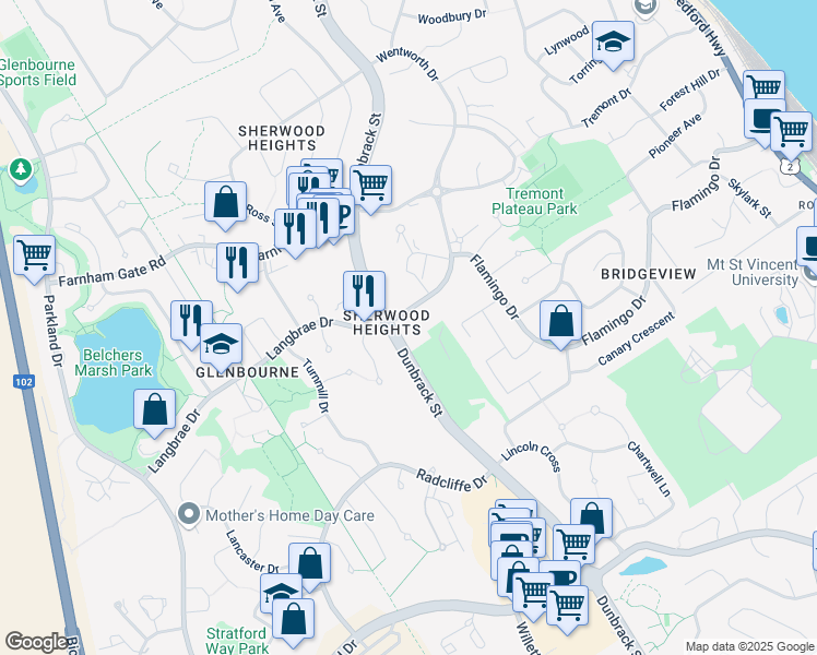 map of restaurants, bars, coffee shops, grocery stores, and more near 15 Knightsridge Drive in Halifax