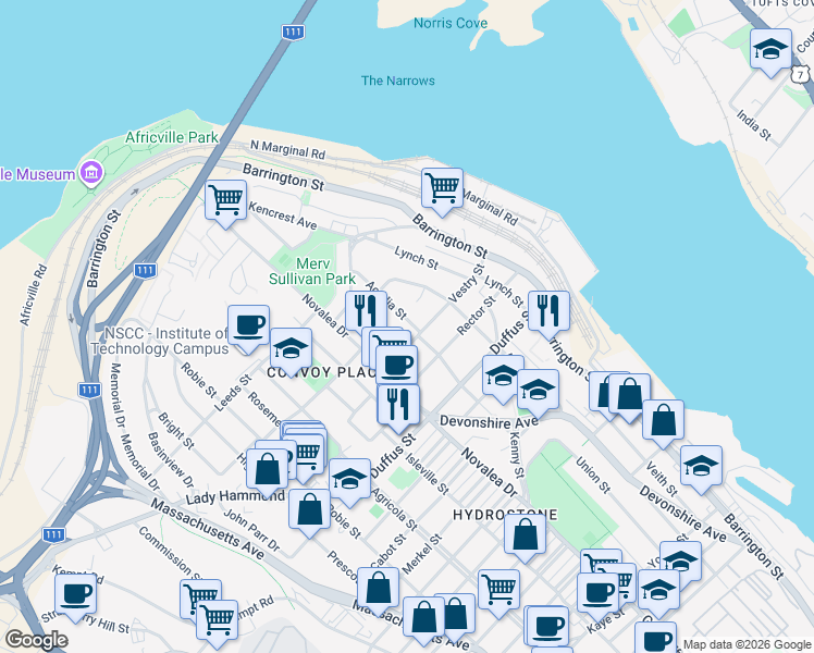 map of restaurants, bars, coffee shops, grocery stores, and more near 3626 Acadia Street in Halifax