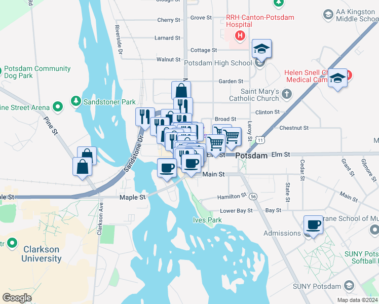 map of restaurants, bars, coffee shops, grocery stores, and more near 32 Market Street in Potsdam