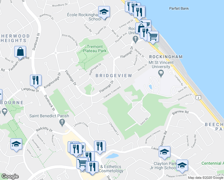 map of restaurants, bars, coffee shops, grocery stores, and more near 25 Canary Crescent in Halifax