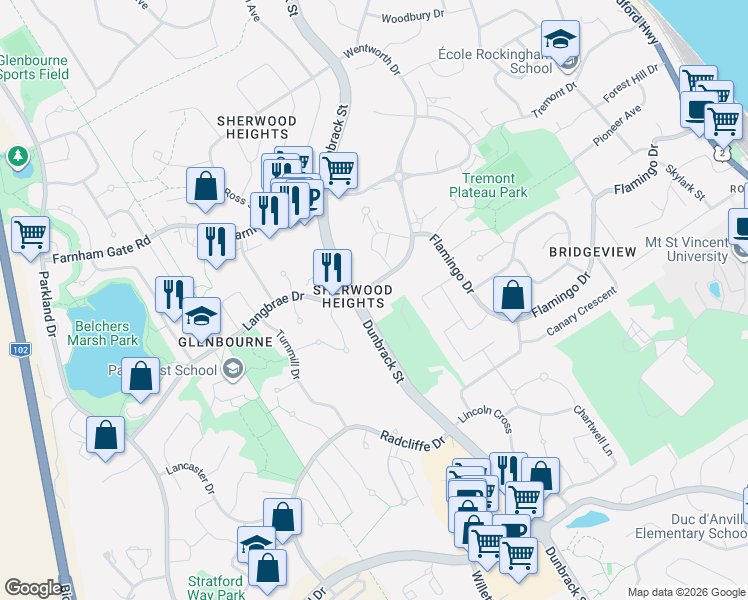 map of restaurants, bars, coffee shops, grocery stores, and more near 15 Knightsridge Drive in Halifax