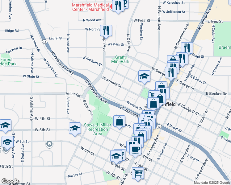 map of restaurants, bars, coffee shops, grocery stores, and more near 108 North Pine Avenue in Marshfield