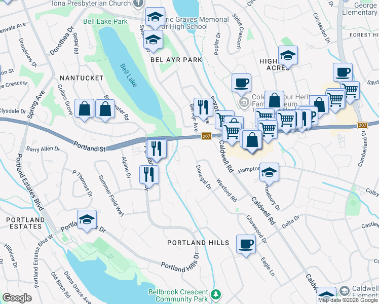 map of restaurants, bars, coffee shops, grocery stores, and more near 218 Donegal Drive in Cole Harbour