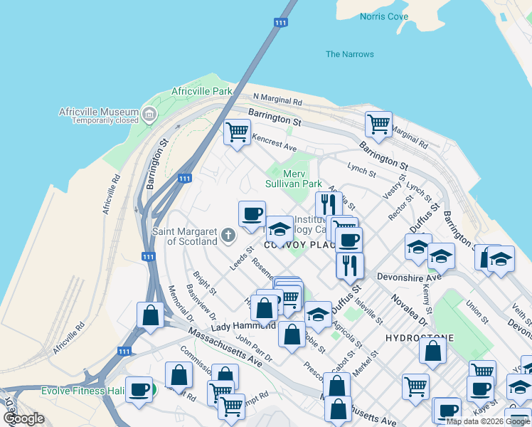 map of restaurants, bars, coffee shops, grocery stores, and more near 5570 Heatherwood Court in Halifax