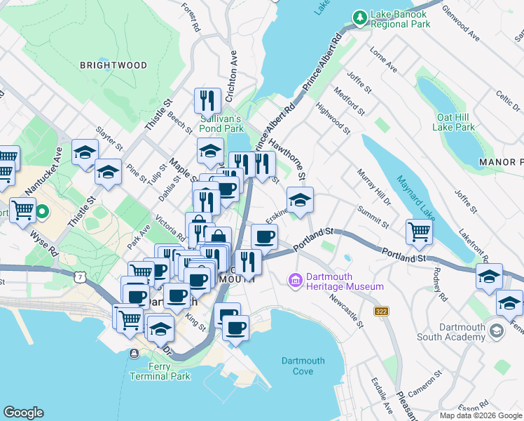 map of restaurants, bars, coffee shops, grocery stores, and more near in Dartmouth