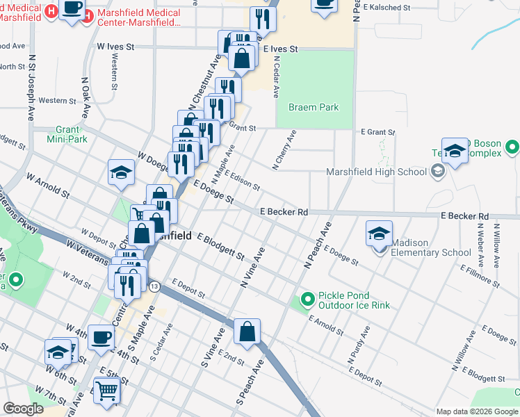 map of restaurants, bars, coffee shops, grocery stores, and more near 500 North Cherry Avenue in Marshfield