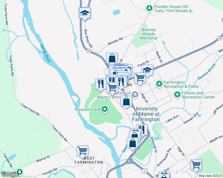 map of restaurants, bars, coffee shops, grocery stores, and more near 155 Front Street in Farmington