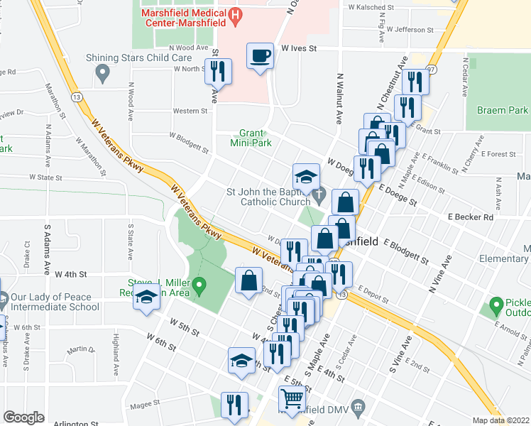 map of restaurants, bars, coffee shops, grocery stores, and more near 400 West Arnold Street in Marshfield