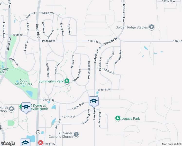map of restaurants, bars, coffee shops, grocery stores, and more near 19310 Huntington Avenue in Lakeville
