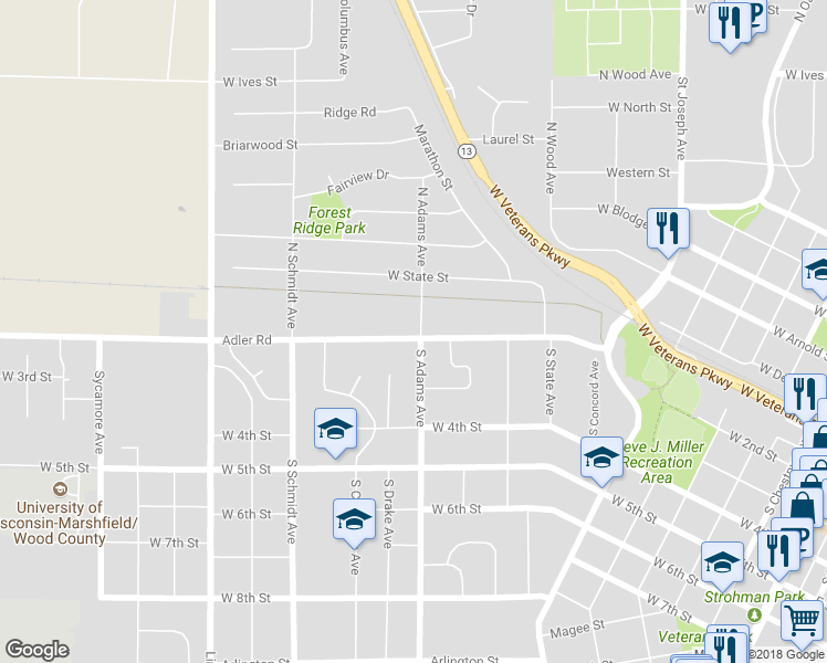 map of restaurants, bars, coffee shops, grocery stores, and more near 1101 Adler Road in Marshfield