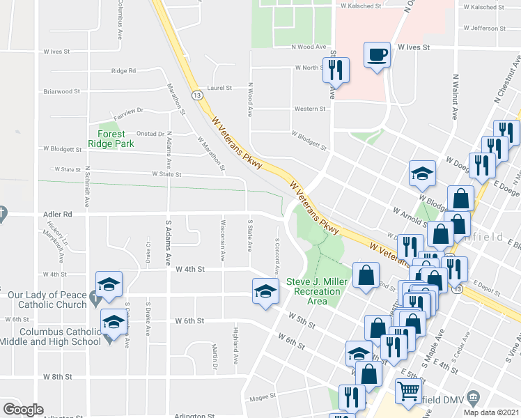 map of restaurants, bars, coffee shops, grocery stores, and more near 711 Adler Road in Marshfield