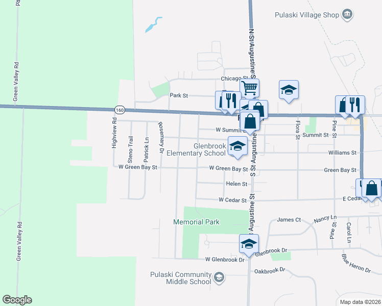 map of restaurants, bars, coffee shops, grocery stores, and more near 312 Johnson Street in Pulaski
