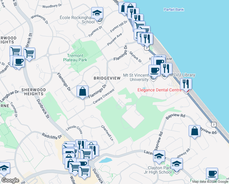 map of restaurants, bars, coffee shops, grocery stores, and more near 16 Canary Crescent in Halifax