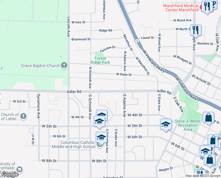 map of restaurants, bars, coffee shops, grocery stores, and more near 1209 County Road Y in Marshfield