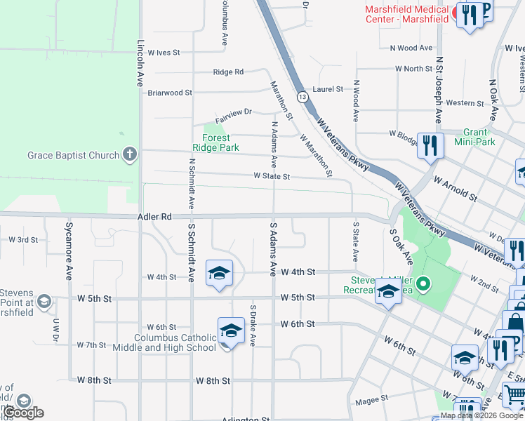 map of restaurants, bars, coffee shops, grocery stores, and more near 1101 Adler Road in Marshfield