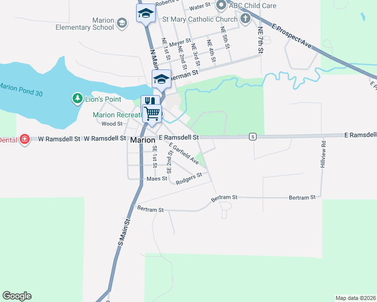 map of restaurants, bars, coffee shops, grocery stores, and more near 342 East Garfield Avenue in Marion