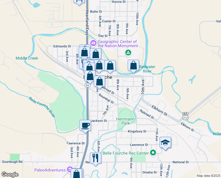 map of restaurants, bars, coffee shops, grocery stores, and more near 704 Harding Street in Belle Fourche