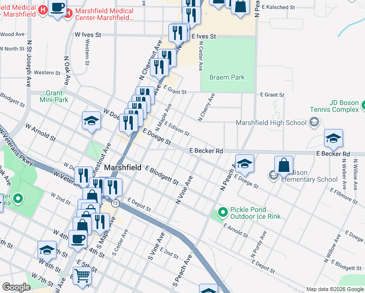 map of restaurants, bars, coffee shops, grocery stores, and more near 500 North Cherry Avenue in Marshfield