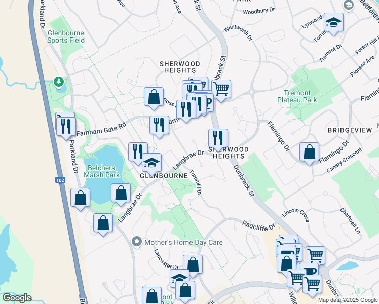 map of restaurants, bars, coffee shops, grocery stores, and more near in Halifax