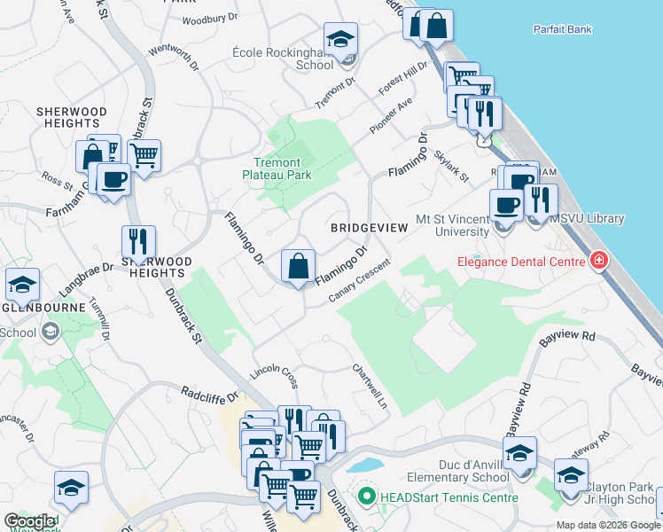 map of restaurants, bars, coffee shops, grocery stores, and more near 74 Flamingo Drive in Halifax