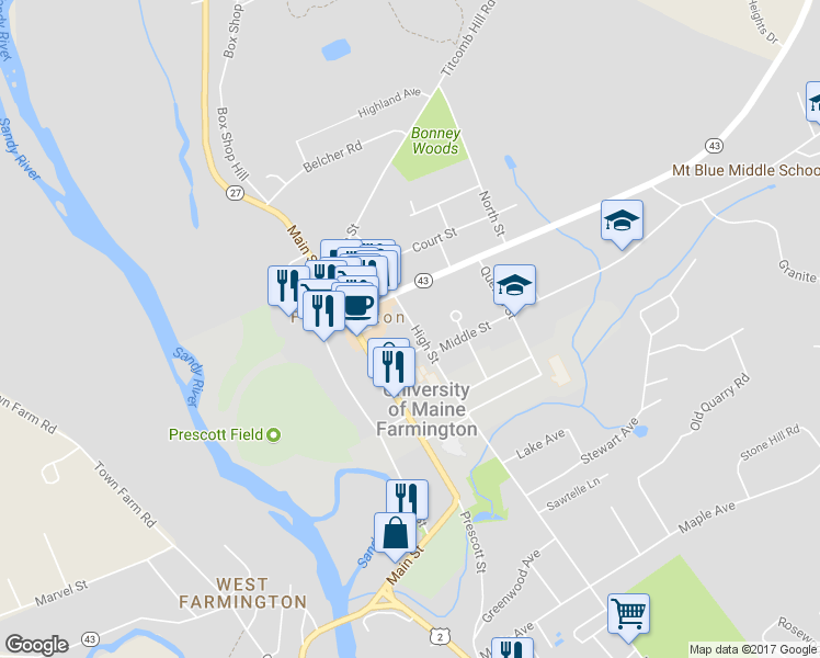 map of restaurants, bars, coffee shops, grocery stores, and more near 145 High Street in Farmington