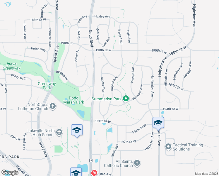 map of restaurants, bars, coffee shops, grocery stores, and more near 19230 Indora Trail in Lakeville