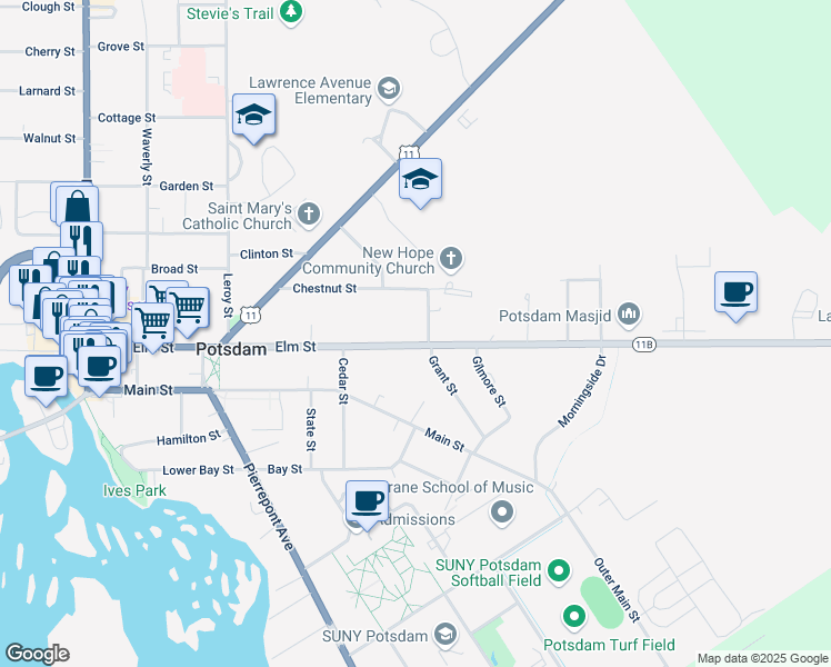 map of restaurants, bars, coffee shops, grocery stores, and more near 78A Elm St in Potsdam