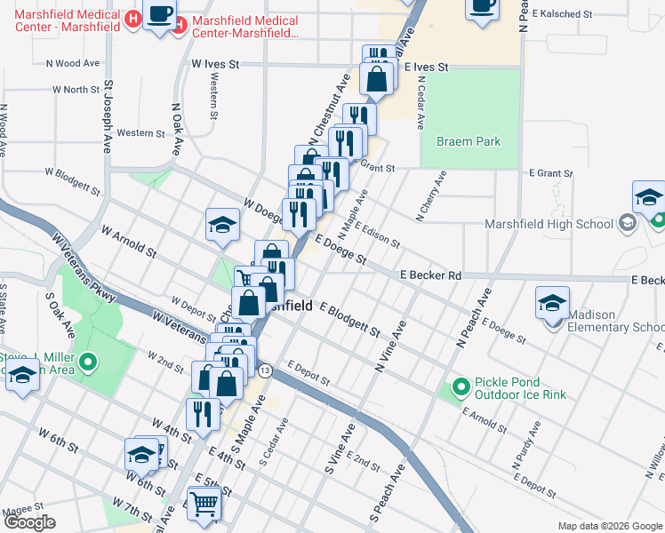 map of restaurants, bars, coffee shops, grocery stores, and more near 405 North Maple Avenue in Marshfield