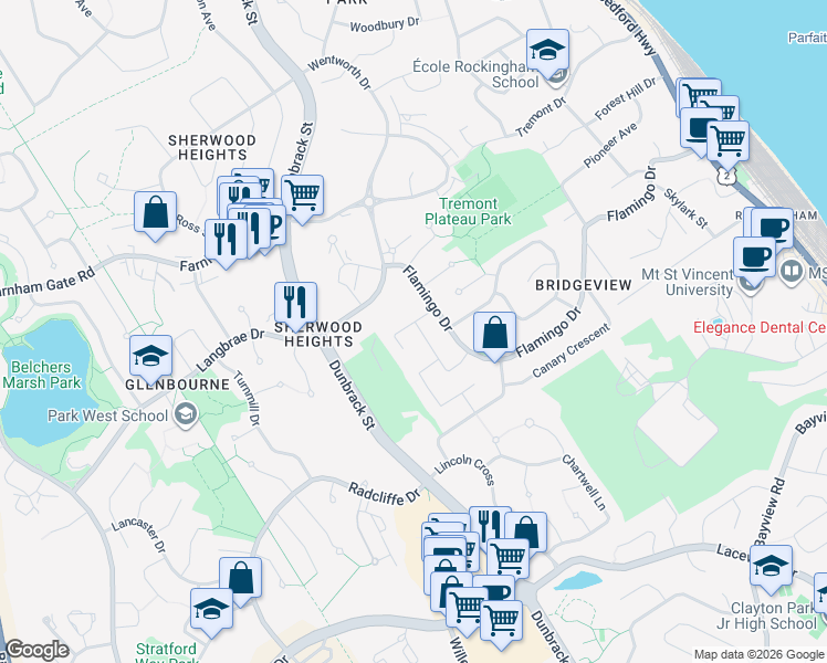 map of restaurants, bars, coffee shops, grocery stores, and more near 58 Kingfisher Crescent in Halifax