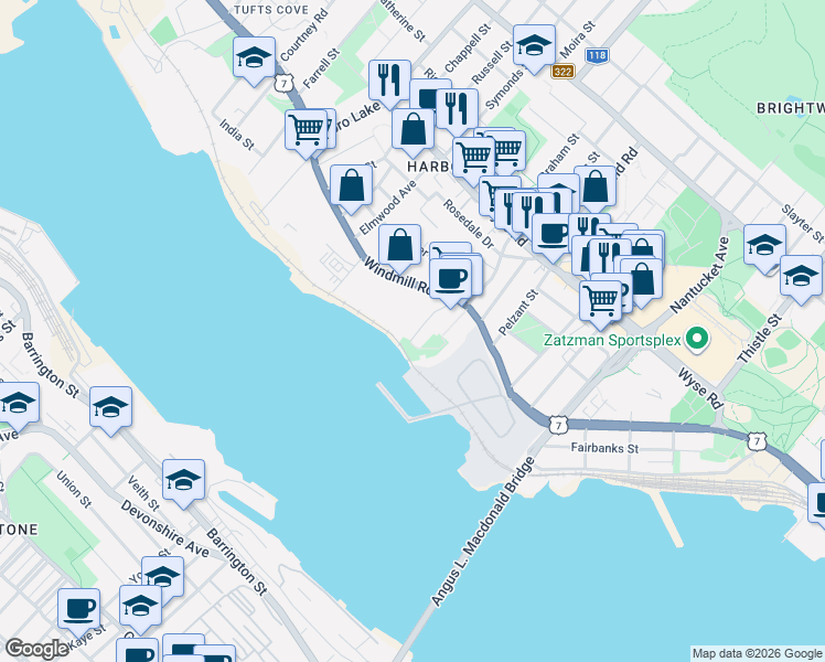 map of restaurants, bars, coffee shops, grocery stores, and more near 3 Jamieson Street in Dartmouth