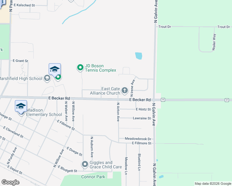 map of restaurants, bars, coffee shops, grocery stores, and more near 800 North Anton Avenue in Marshfield