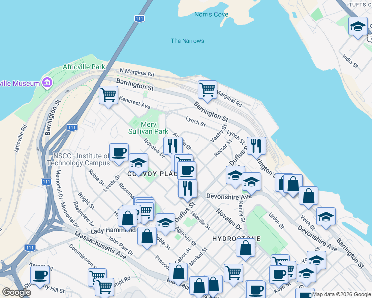 map of restaurants, bars, coffee shops, grocery stores, and more near 3626 Acadia Street in Halifax