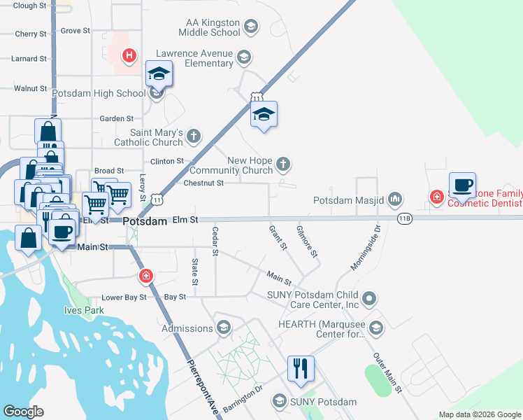 map of restaurants, bars, coffee shops, grocery stores, and more near 78A Elm St in Potsdam