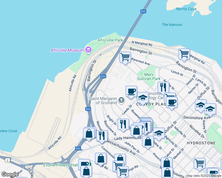 map of restaurants, bars, coffee shops, grocery stores, and more near 3855 Rockhead Court in Halifax