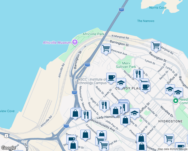 map of restaurants, bars, coffee shops, grocery stores, and more near 3855 Rockhead Court in Halifax